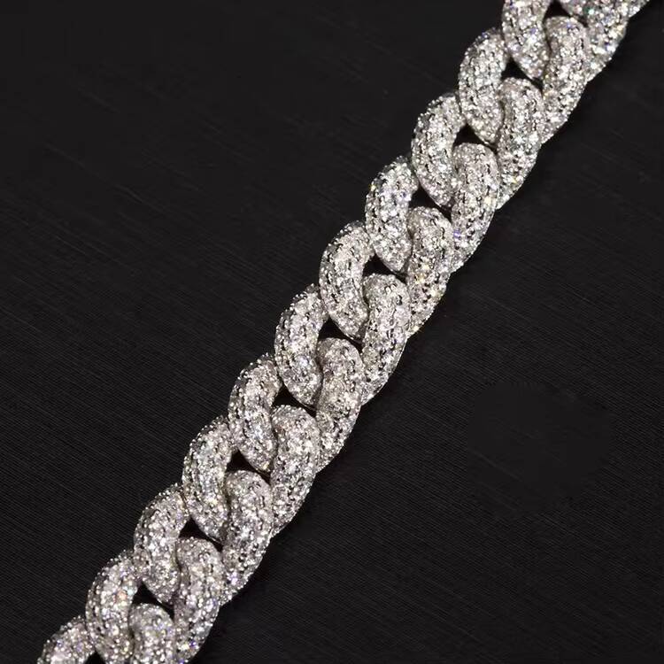 925 Solid Silver Iced Out Cuban Link Chain 9mm Wide Set with Moissanite Diamond Bracelet Classic Style Charm Bracelets