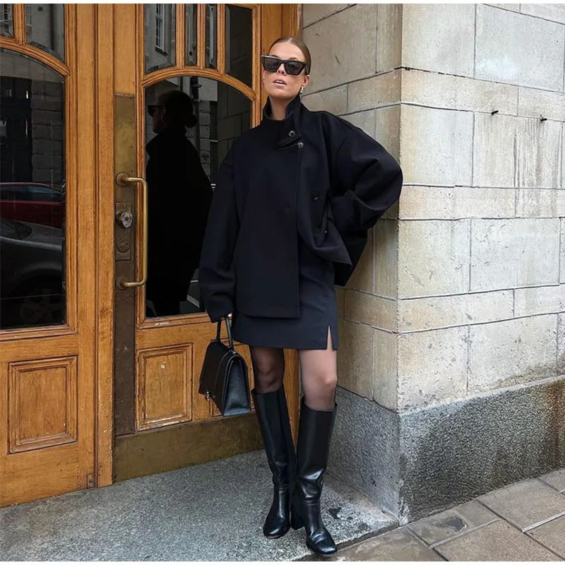 Casual Solid Woolen Coat Loose Full Sleeve Single Breasted Stand Collar Short Jackets Female 2025 Autumn Lady Outwears 250905