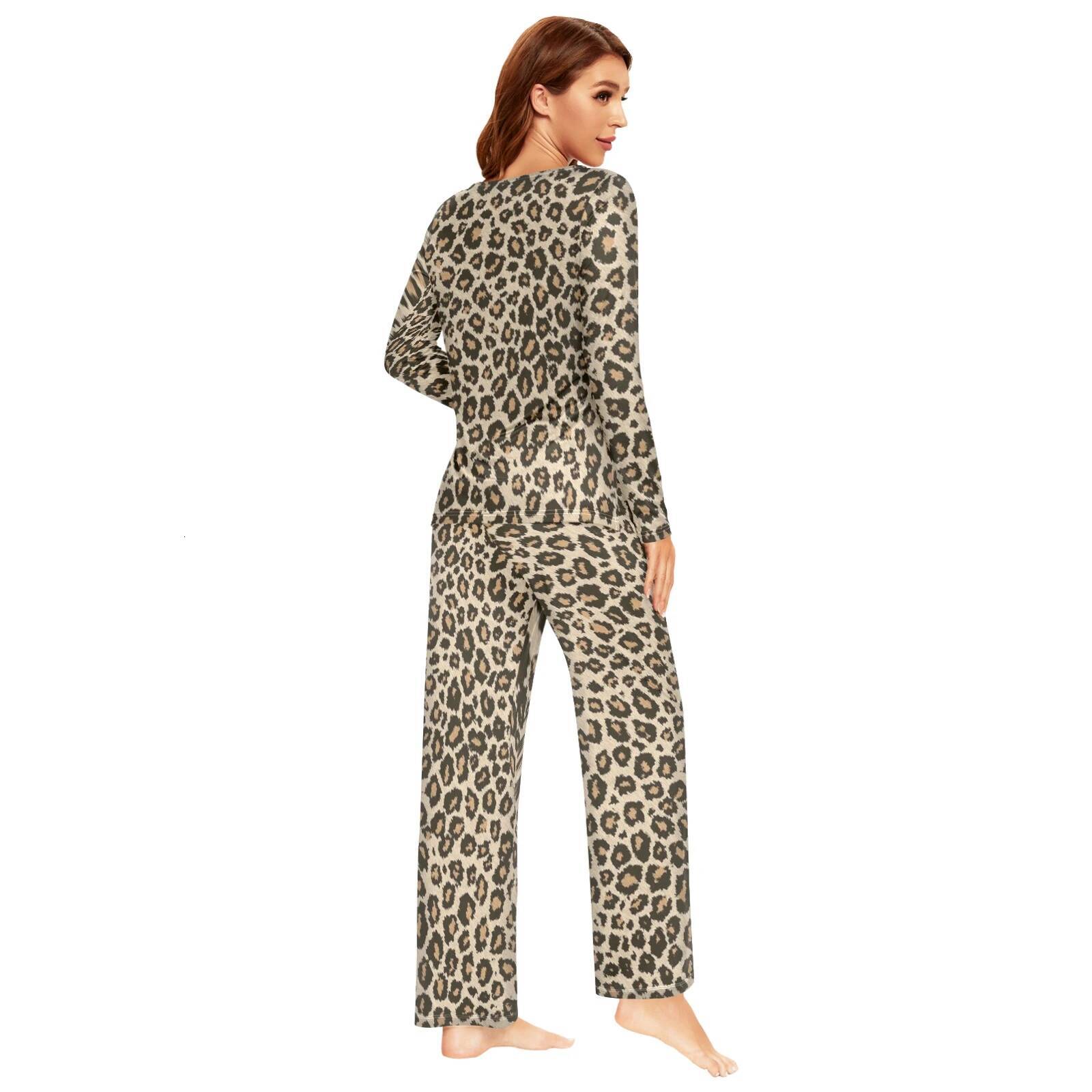 Spring Autumn Sleepwear Womens 2 Pieces Pamas Set Sexy Leopard Homewear Lounge Clothes Warm Pyjama Pijama Femme