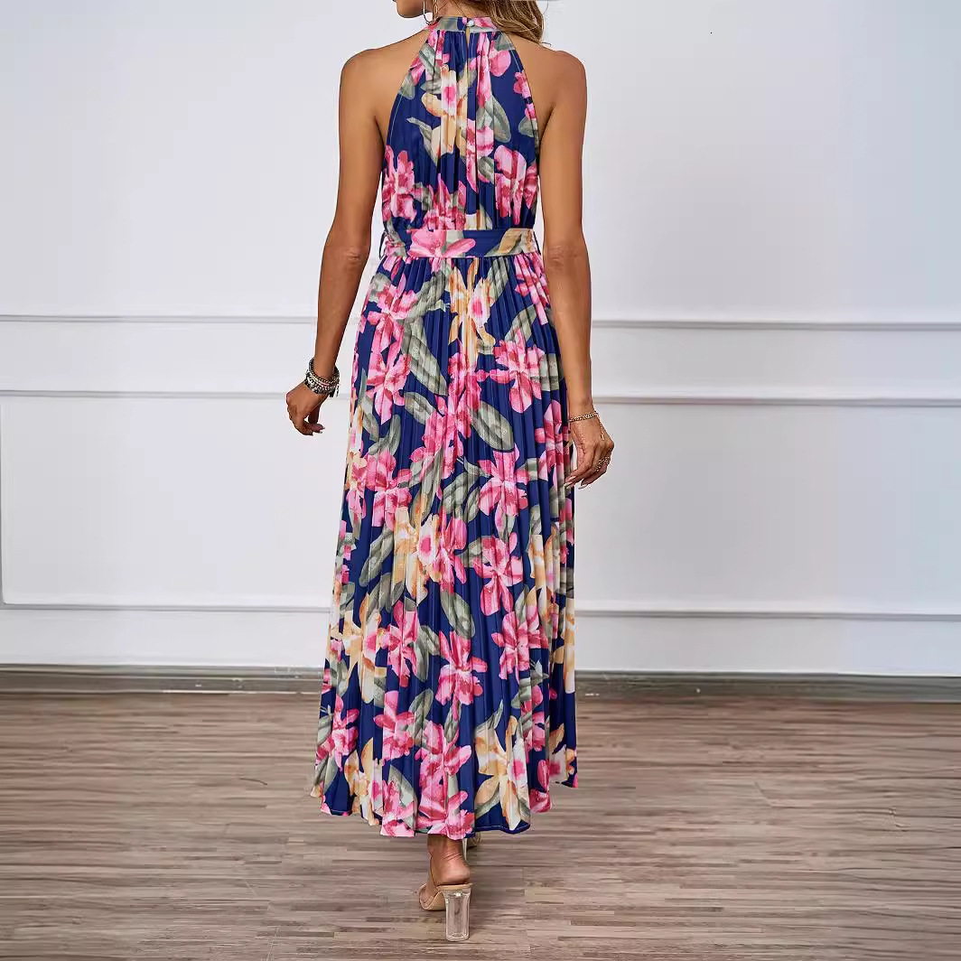 Summer New Elegant Halter Neck WaistCinching Flared Printed Dress for Women
