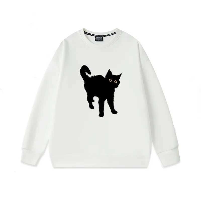 Womens Fleece Lined Oversized Long Sleeve Crew Neck Sweatshirt Cat Print Casual Loose Fit Autumn Winter Fashion Top Z250905