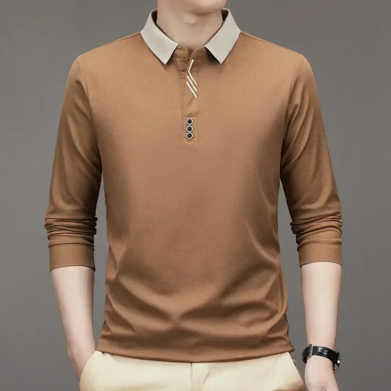 Mens Long Sleeve Turndown Collar Waffle Tshirt Business Casual Polo Shirt Tee 250905