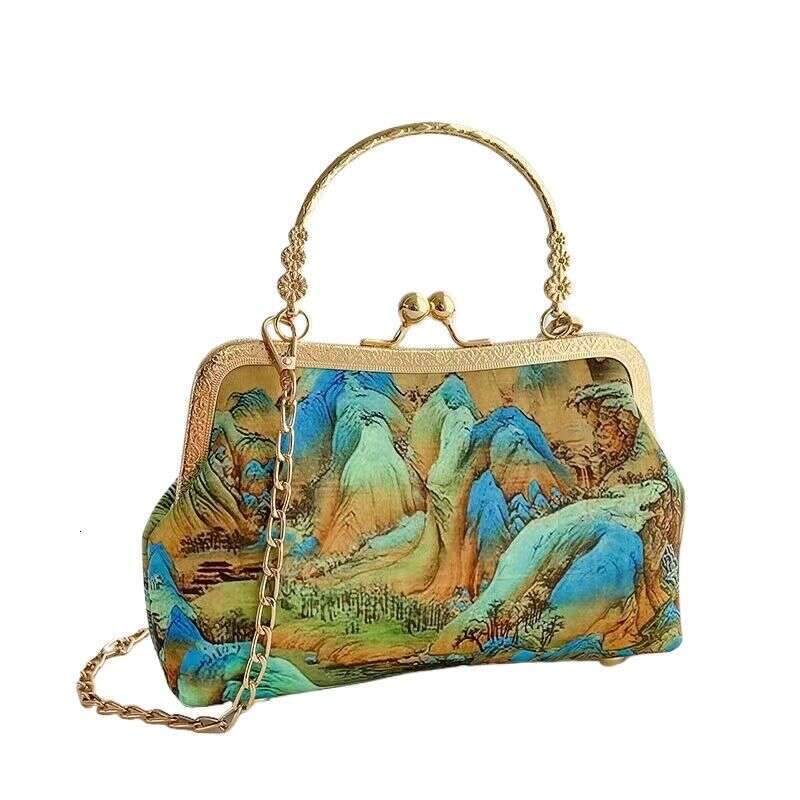 Thousands Miles Of Country And Mountains, Chinese Style Versatile Crossbody Single Shoulder Portable Gold Women's Bag