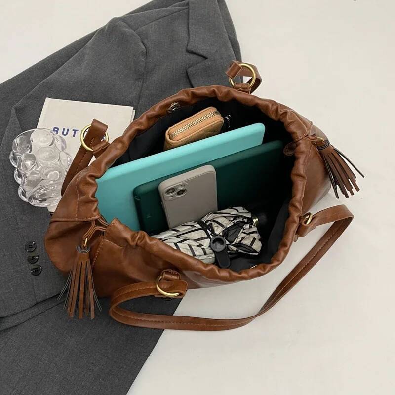 Vintage Womens Retro Tote Large Capacity PU Leather Boston Ruched Buckle Closure Hobo Bag Solid Color for Outdoor Travel high-quality