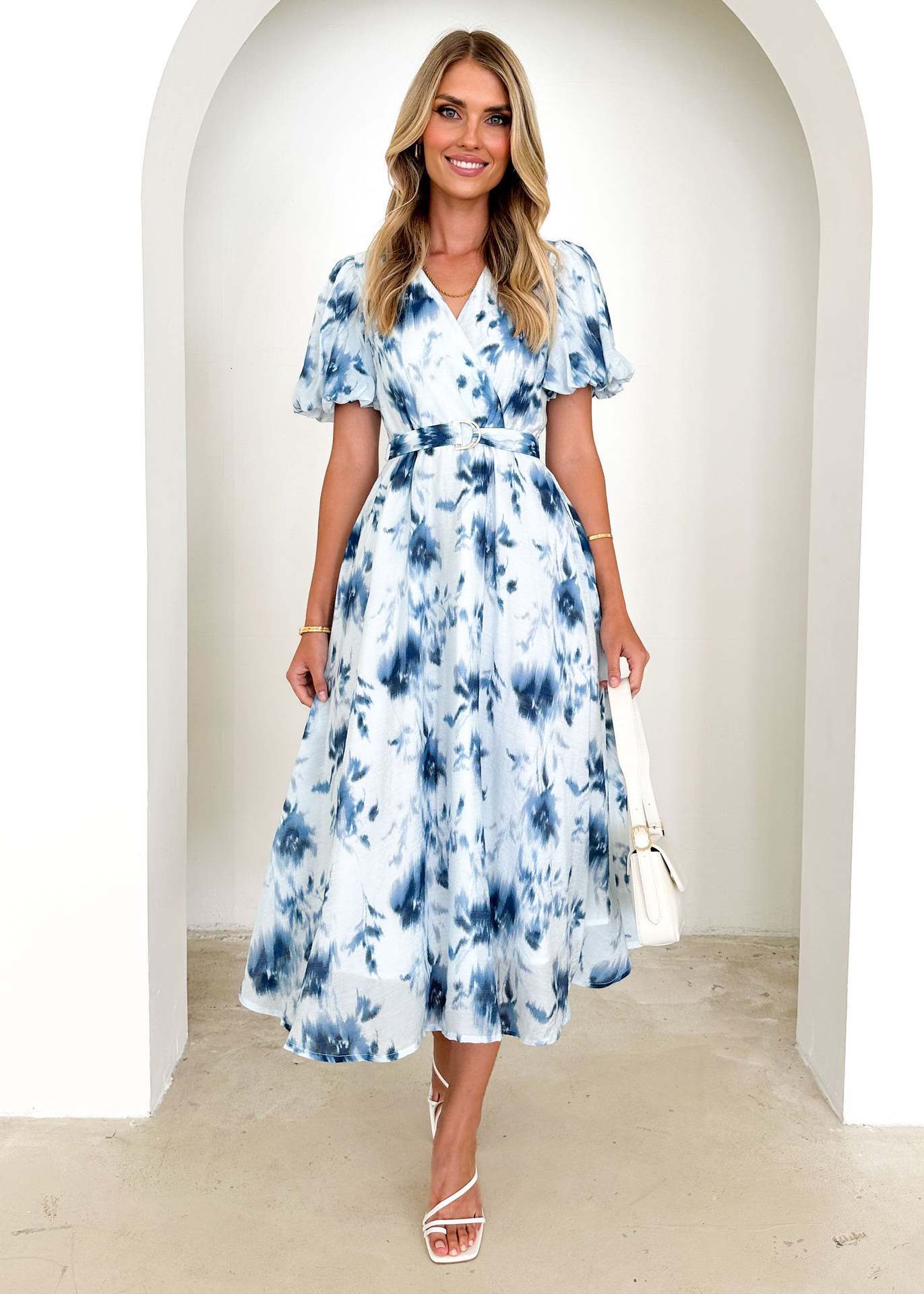 2025 Spring Summer New Long Womens Dress with Puff Sleeves Highend Print Sexy Style Vneck Dress for Women