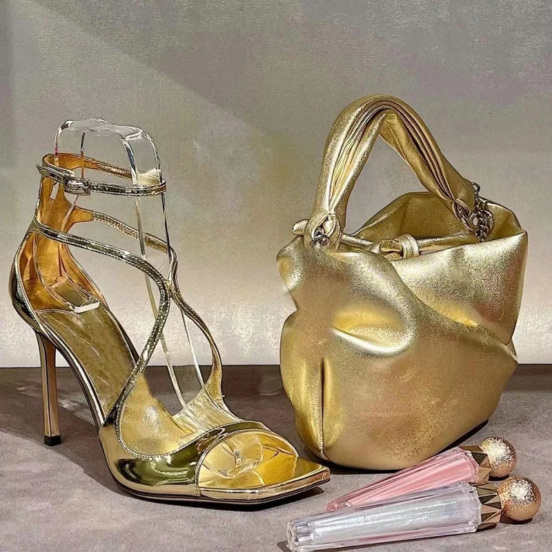 Summer Women Fish Mouth Gold Thin Heels Open Toe Sexy High A Line Buckle Square Head Sandals 250905