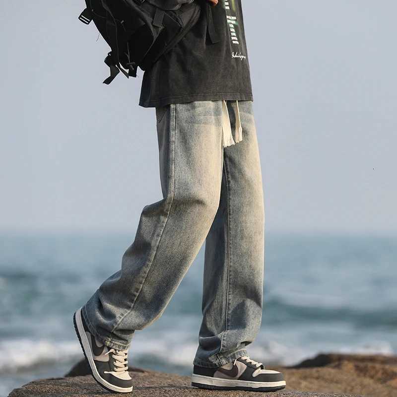 Mens loose straight leg pants for summer lightweight washed waist breaking elastic casual jeans denim pants comfortable W250905