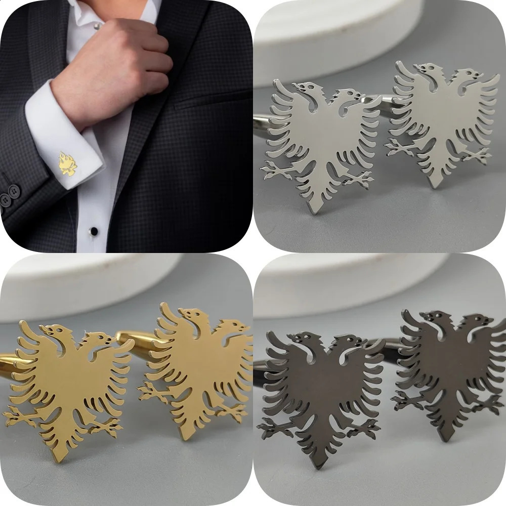 Punk Albanian Eagle Stainless Steel Gold Plated 18K Cufflinks French Shirt Buttons High Quality Waterproof Jewelry 250904