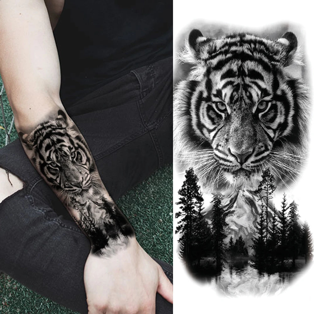 Waterproof Temporary Tattoo Sticker Forest Lion Tiger Bear Flash Leopard Wolf Crown Body Art Arm Tatoo Men 250825