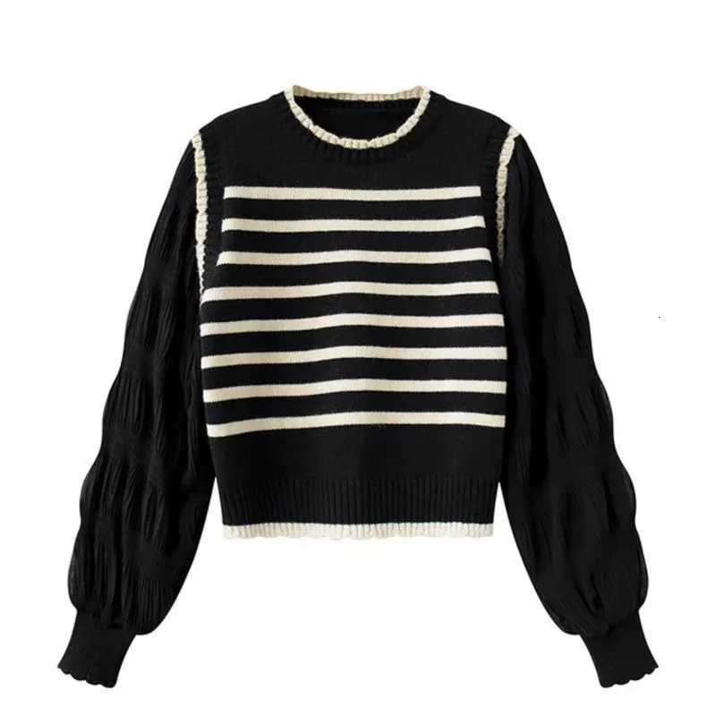 women Black and white striped fake twopiece knitted sweaters pring and autumn Korean soft glutinous pullover sweater female Z250905