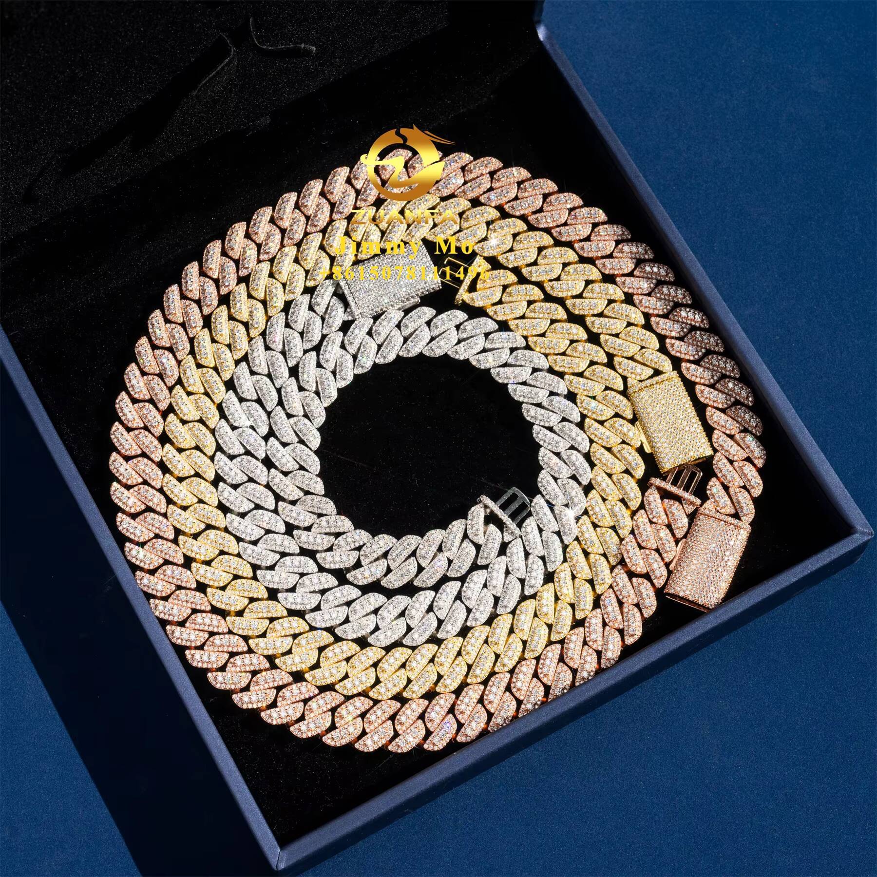 Bulk Stock Popular Pass Diamond Tester 925 Solid Silver 15mm Two Rows Iced Out Hip Hop VVS1 Moissanite Diamond Cuban Link Chain