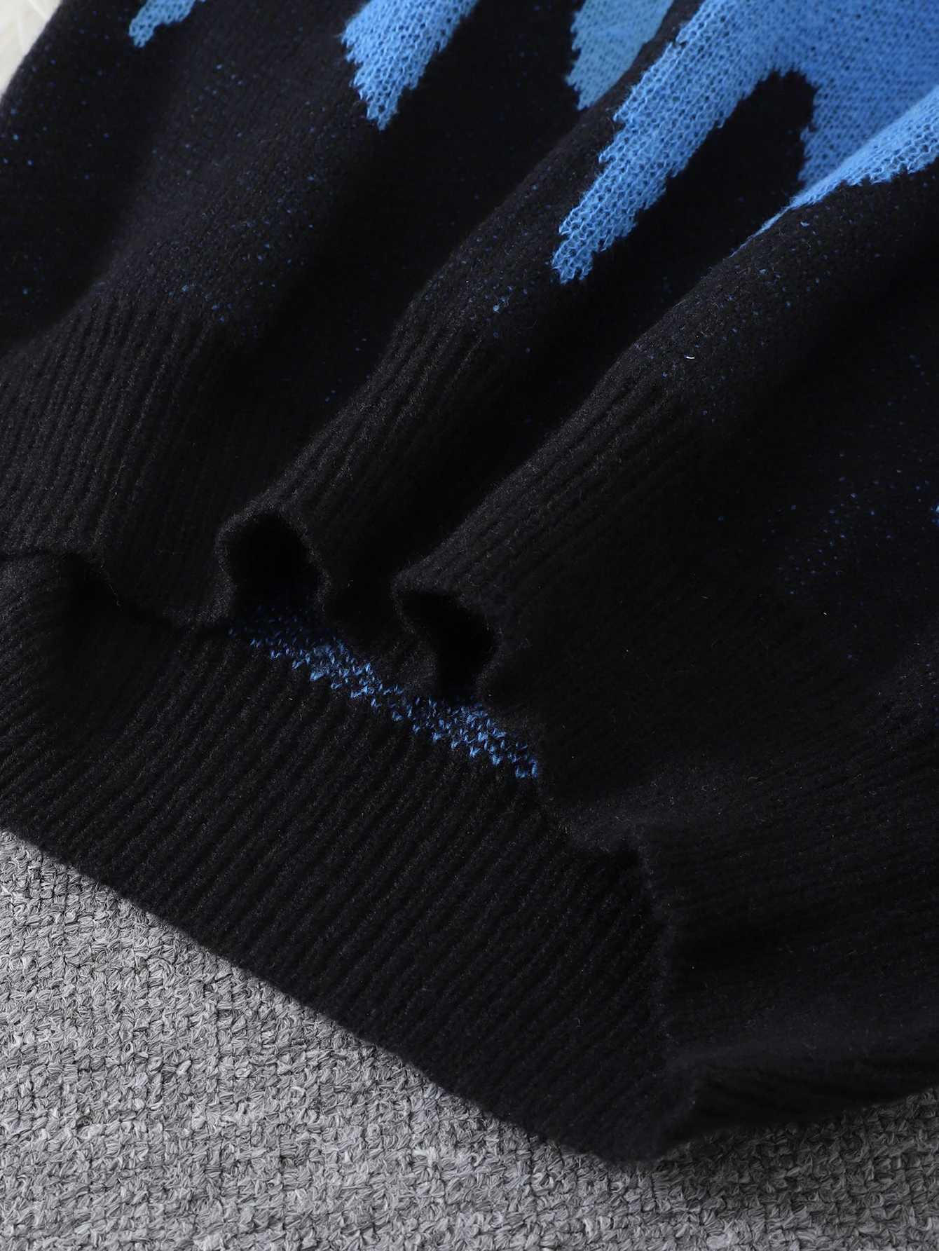 New Popular Fire Pattern Pullover Ripped Sweater Casual Round Neck Knitted Mens Gift Pullover Z250905