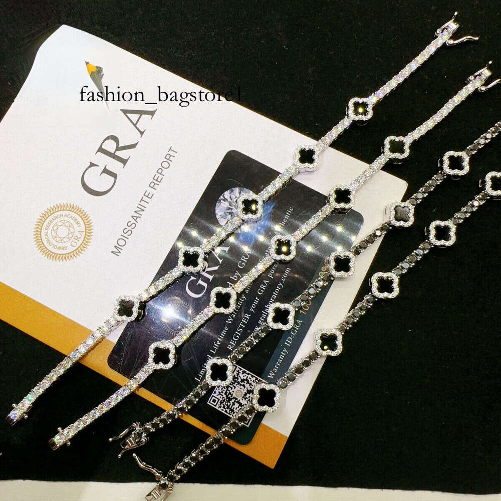 High-quality pure silver VVS agate stone tennis fashion hip-hop cracked clover bracelet