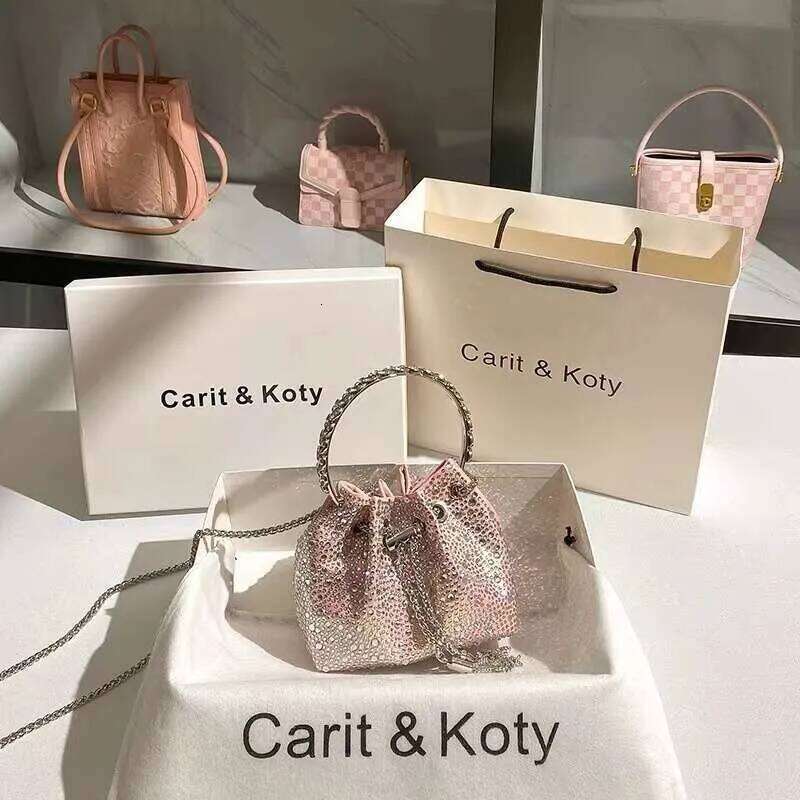 Glitter Shiny Dias Evening Metal Ring Handle Bucket Women Handbag Wedding Party Clutch Purse Shoulder Crossbody Bag