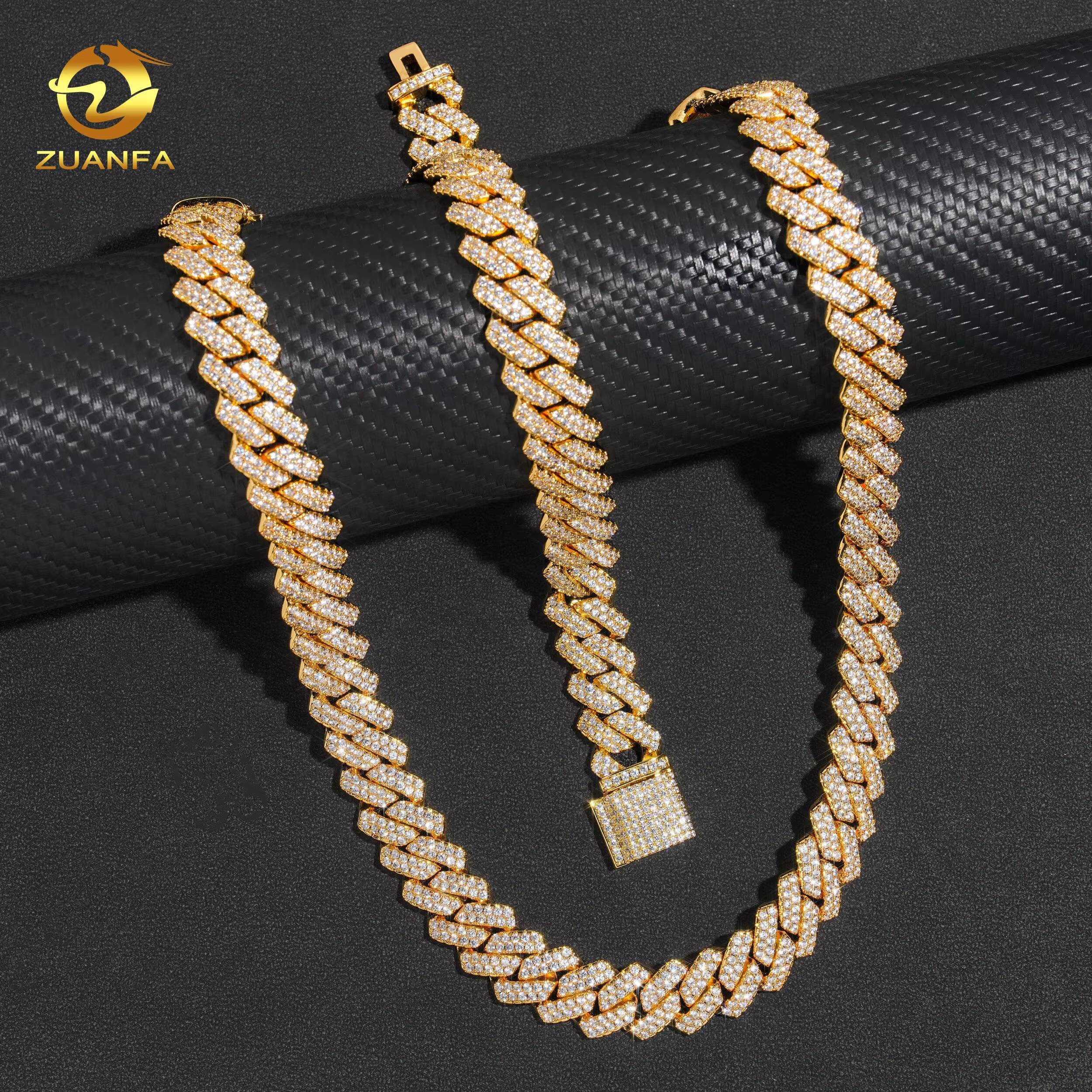 Hip Hop Jewelry 18k Gold Plated Brass Moissanite Custom High Quality 5A Moissanite Iced Out Cuban Link Chain