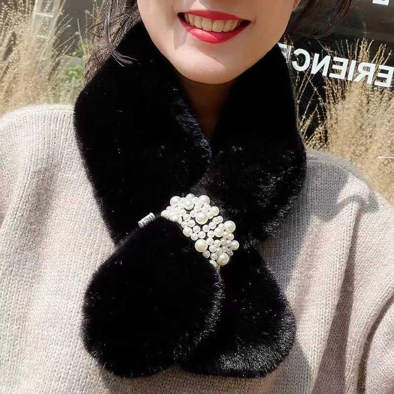 Korean Winter Pearl Faux Rabbit Fur Scarf for Women Girls Scarf Soft Plush Scarves Solid Neck Collar Warmer Stuff Christma GiftsXJ250905