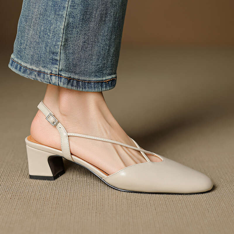 5cm Thick Genuine Leather Cross Strap Closed-Toe Sandals for Women Summer Elegant Backless Silver High Heel Mary Jane Shoes