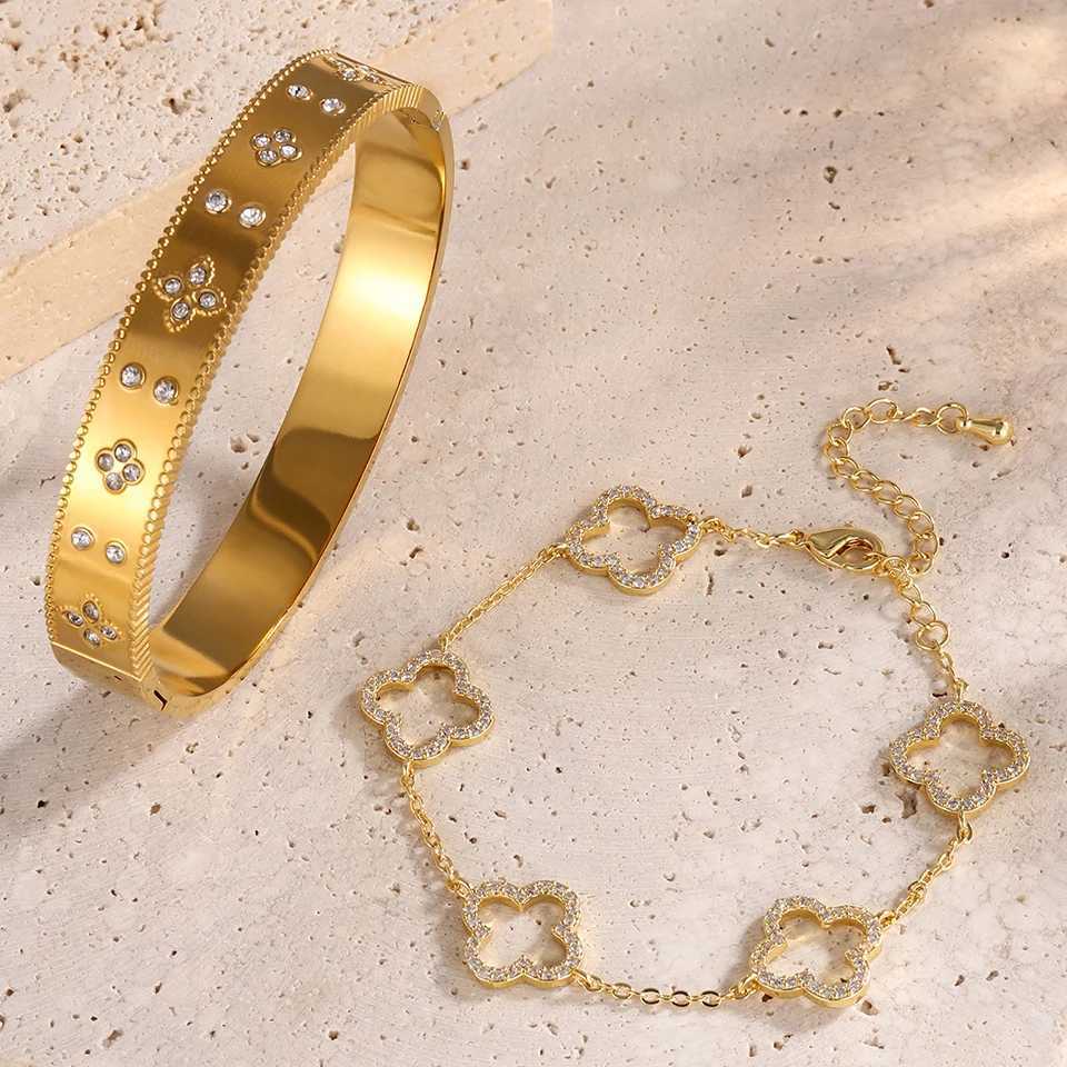 luxury ZAKOL 2 Pieces Stainl Steel Bracelet Bangles Shiny Zircon Hollow Flower Wens ryday Accories S250905