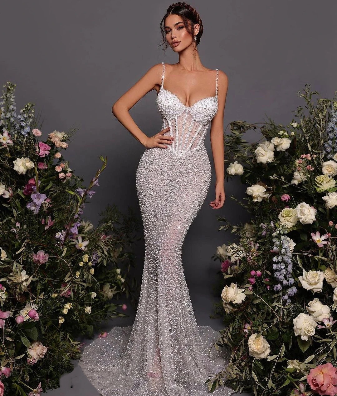 Luxury Mermaid Wedding Dress Pearls Beaded Bridal Gowns With Wrap Sweetheart Neck Spaghetti Strapless Sweep Train Dresses Custom Made vestidos de novi