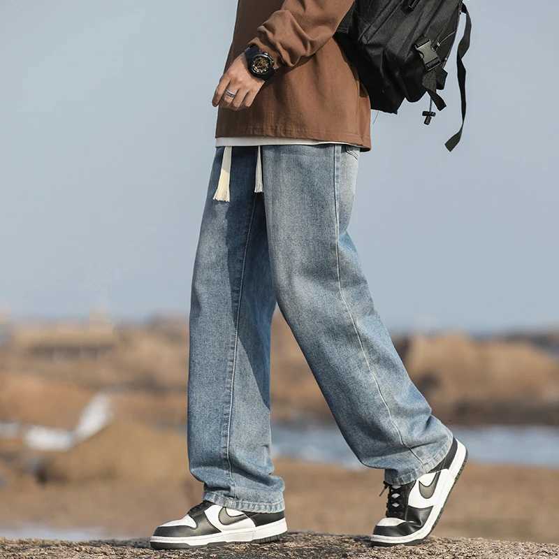 Mens loose straight leg pants for summer lightweight washed waist breaking elastic casual jeans denim pants comfortable W250905