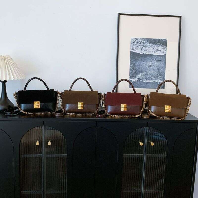 This Year's Popular Oil Wax Leather Splicing Design Small Square Bag, Elegant Women's Handbag, Versatile Frosted Single