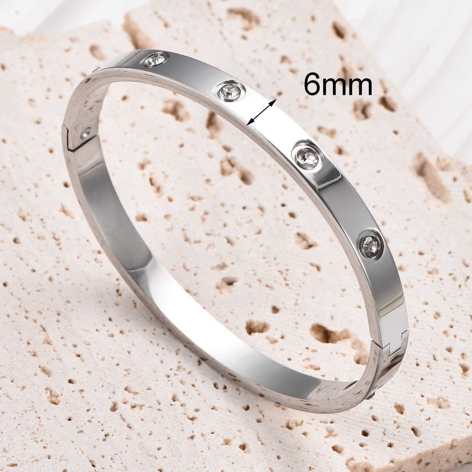 6mm Wide Exquisite Zircon Openable Bracelet for Wen Stainl Steel Polished Bangle BraceletsGirl Jewelry Gifts S250905