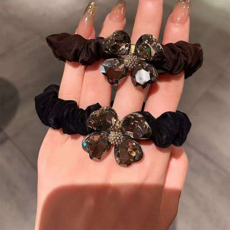 DHpet 2025 Korean Clover Rhinestone Hair Loop High Elastic Ponytail Hair Rope Simple Bun Hair Ring Fashion OL Versatile Hair Accessory Black/Brown