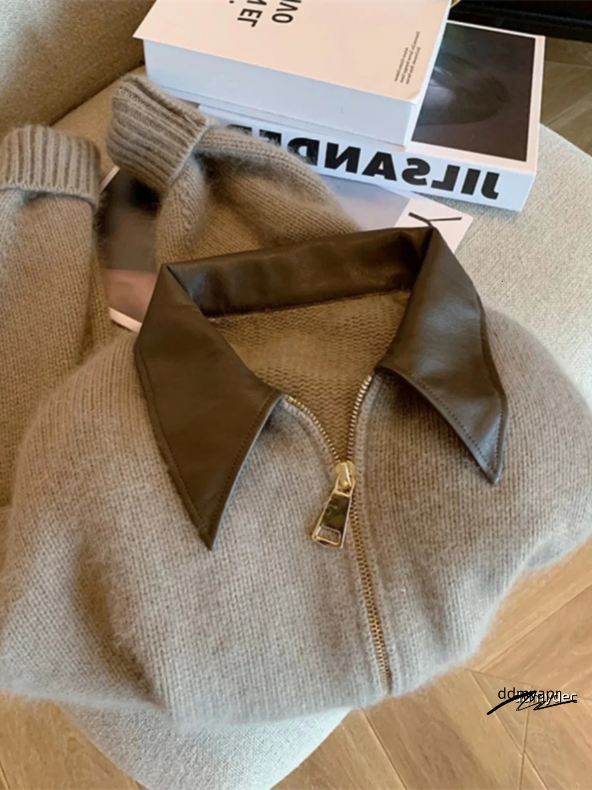 Spliced Leather Collar Knit Sweater Fashion Double Zipper Cardigan Womens Autumnwinter Soft Vintage Long Sleeve Ddmydec Streetwear 241028 Ddmydec Ddmy