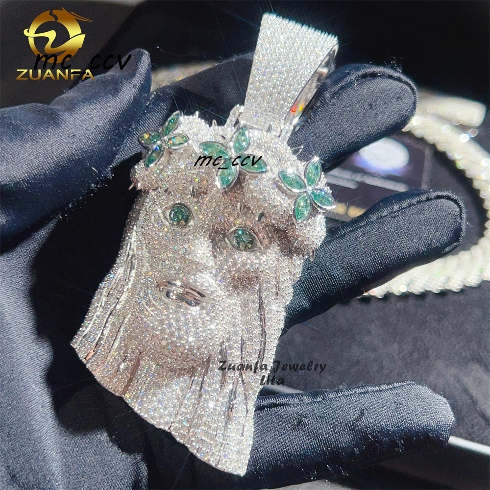 Hot Selling Hip Hop Blue Green Diamond 3D Custom 25 Tall Iced Out Silver Moissanite Jesus Pendant