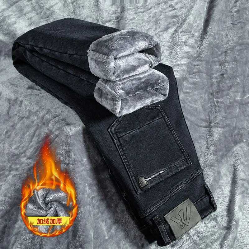 Winter Warm Mens Jeans Fleece Thickened Elastic Smoke Gray Black Business Straight Casual Denim Pants Brand Man PlushClothes W250905