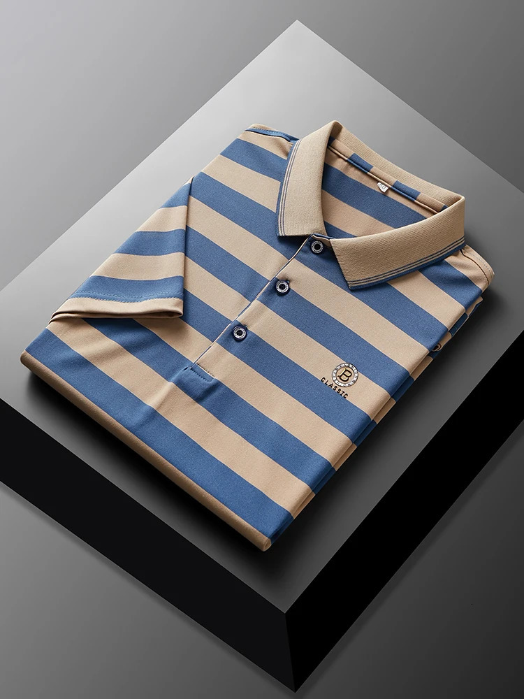 Men Summer Letter Printed Short Sleeved Striped Lapel Polo Shirt Soft Tops Mens Wear Clothing Ropa Hombre 250905