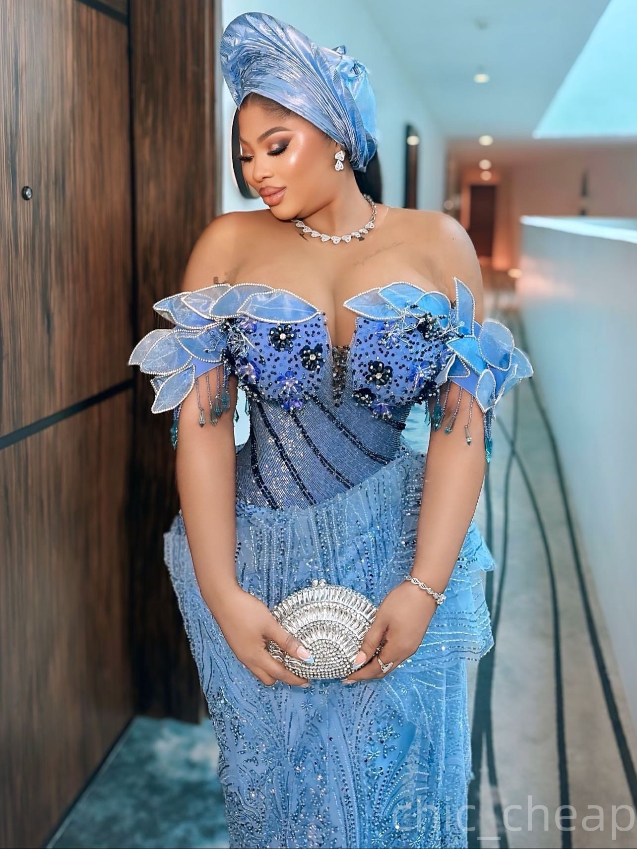 Aso Ebi Light Sky Blue Sheath Prom Dresses 2025 Florals Beaded Crystals Sequined African Evening Formal Party Second Birthday Engagement Dress Gowns r