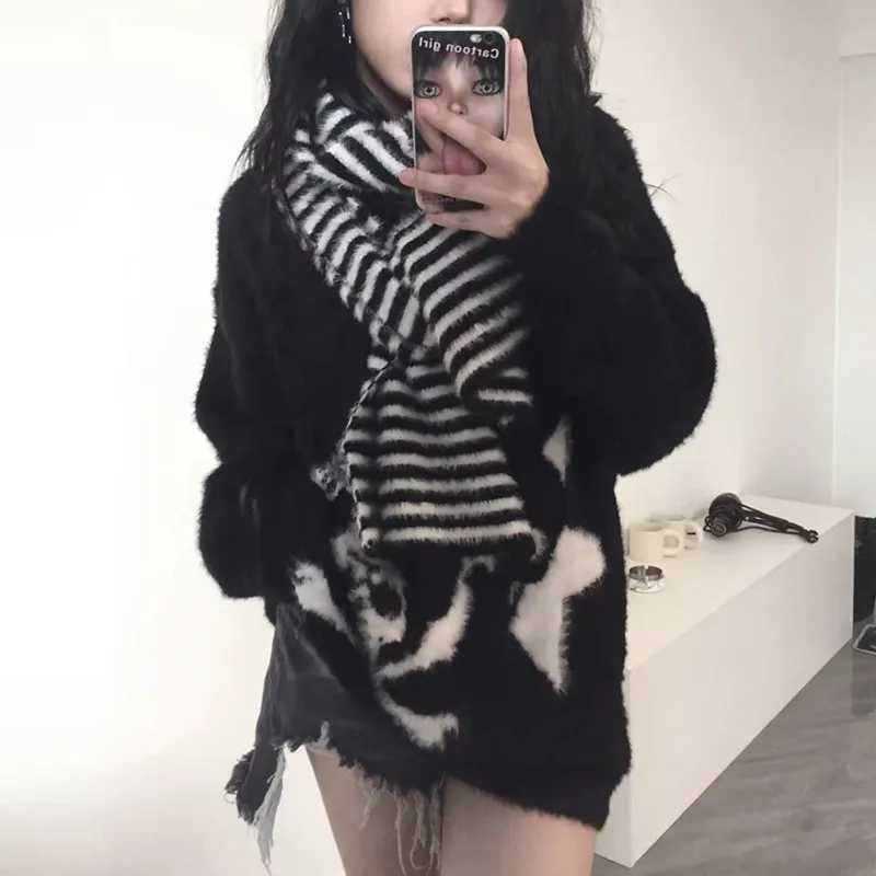 Karrram Gothic Skulls Sweater Grunge Dark Aesthetics Knitted Jumper Vneck Harajuku Loose Mohair Pullover Emo Alt Knitwear Y2k Z250905