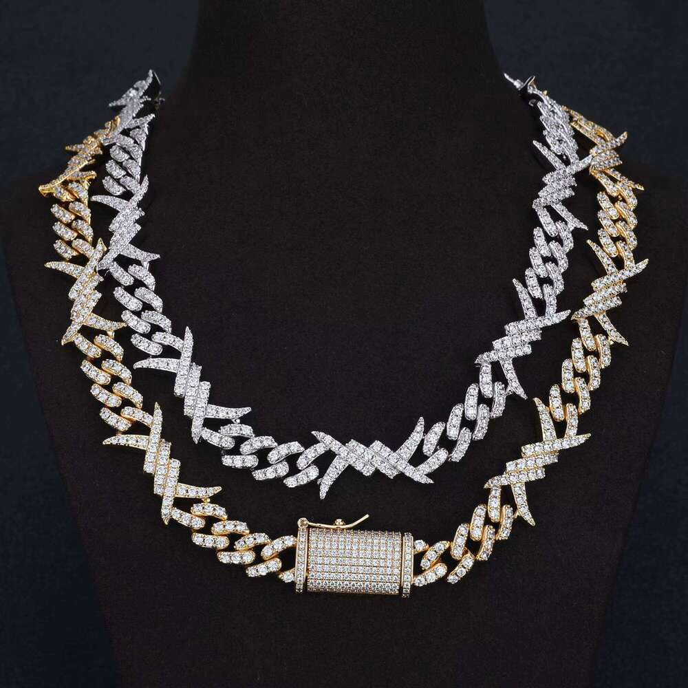 10mm Hip Hop Punk Sterling Sier Iced Out Barbed Wire Knot Thorn Moissanite Cuban Link Chain