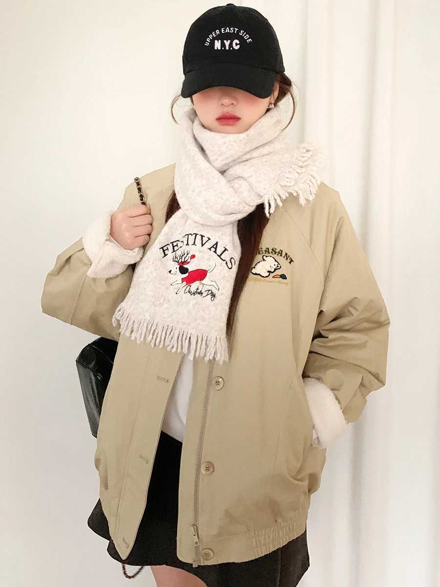 Woolen Cartoon Reindeer Knitted Scarf For Women Autumn And Winter Warm Neck Protection Embroidered Scarf Versatile ShlXJ250905