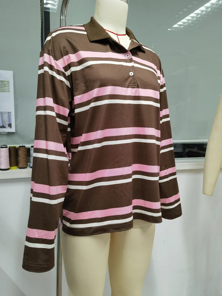 Striped Tshirts Women Casual Polo Collar Long Sleeve Loose Pullovers Female Autumn Chic Street Shirts Tops Clothes 250905