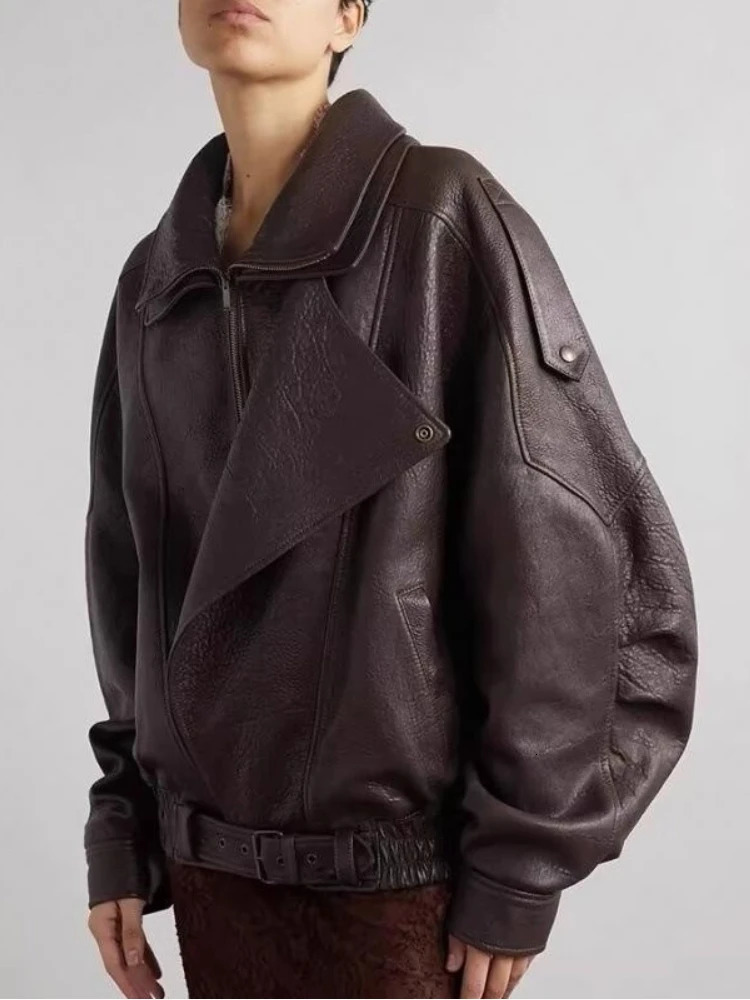 Retro PU Leather Stand Collar Jacket Women Casual Loose Large Lapel Zipper Button Belt Jackets Female Autumn Chic Street Outwear 250905