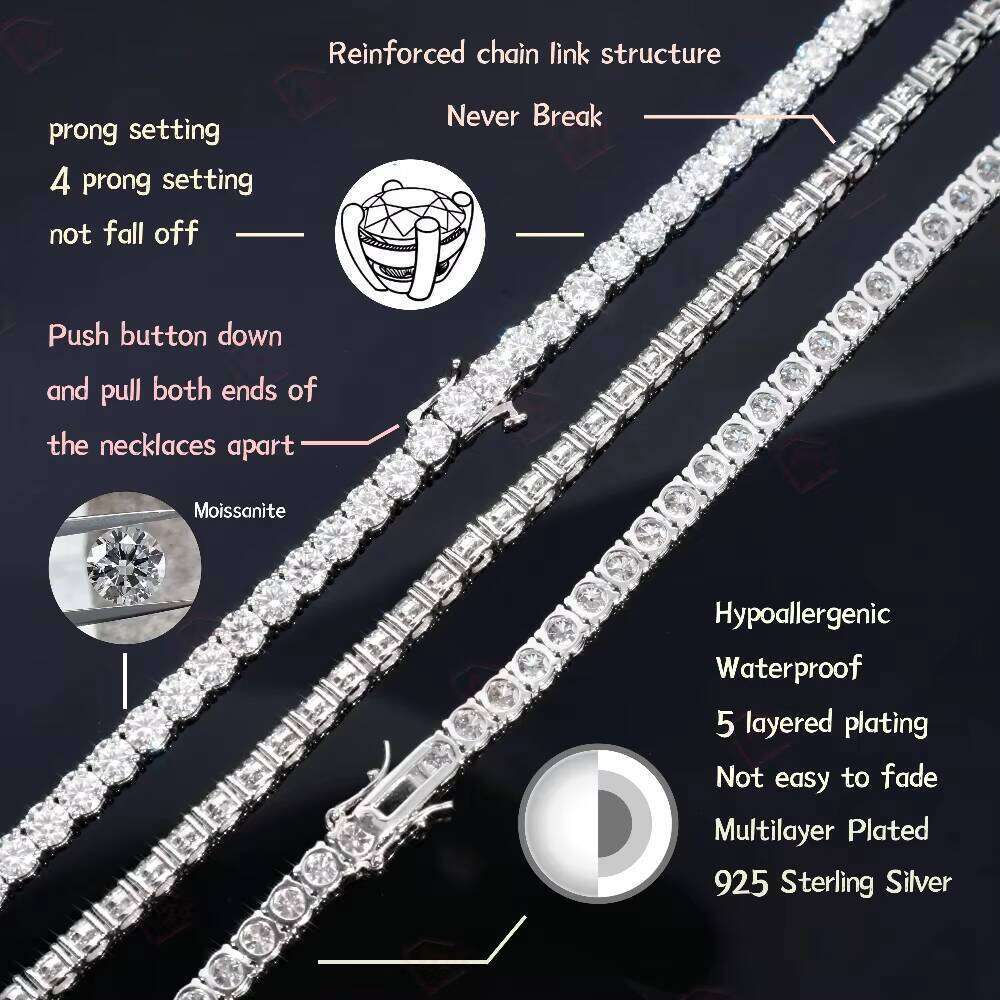 2mm 3mm 4mm 5mm Tennis Necklace Sier VVS Iced Out Hiphop Bling Moissanite Chain