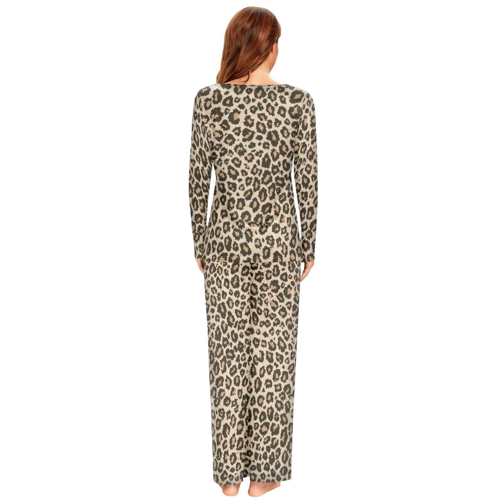 Spring Autumn Sleepwear Womens 2 Pieces Pamas Set Sexy Leopard Homewear Lounge Clothes Warm Pyjama Pijama Femme