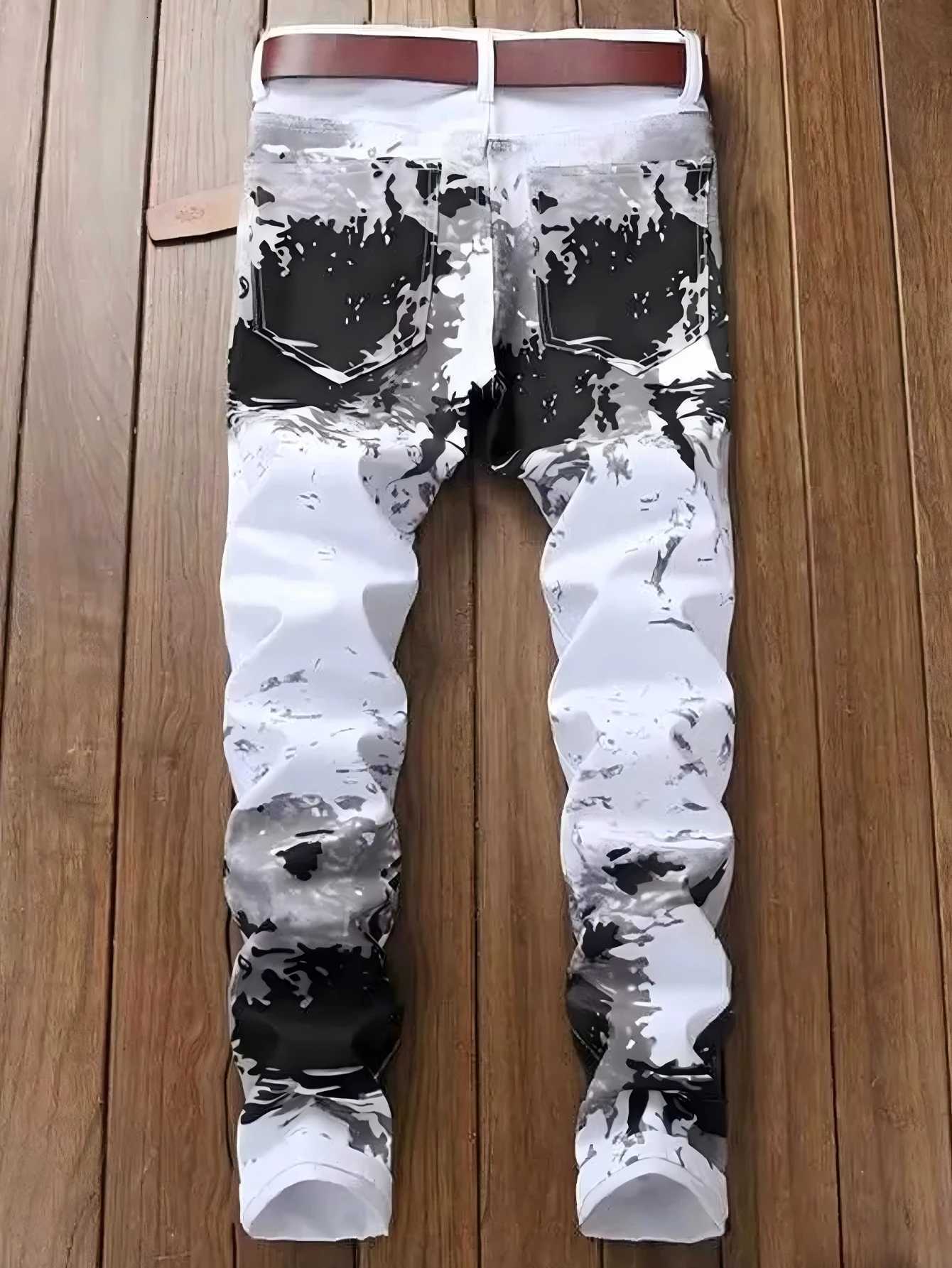 Mens Jeans Casual Black And Grey Printed Denim Pants Slim Fit Straight Leg Comfort Mid Waist White Trousers W250905