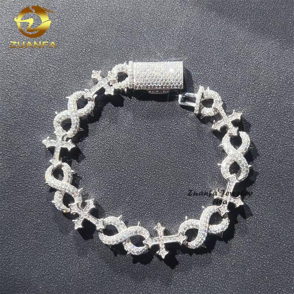 New Fashion Hip Hop Style 13MM 925 Sterling Silver Infinity Mixed Cross Iced Out Moissanite Bracelet