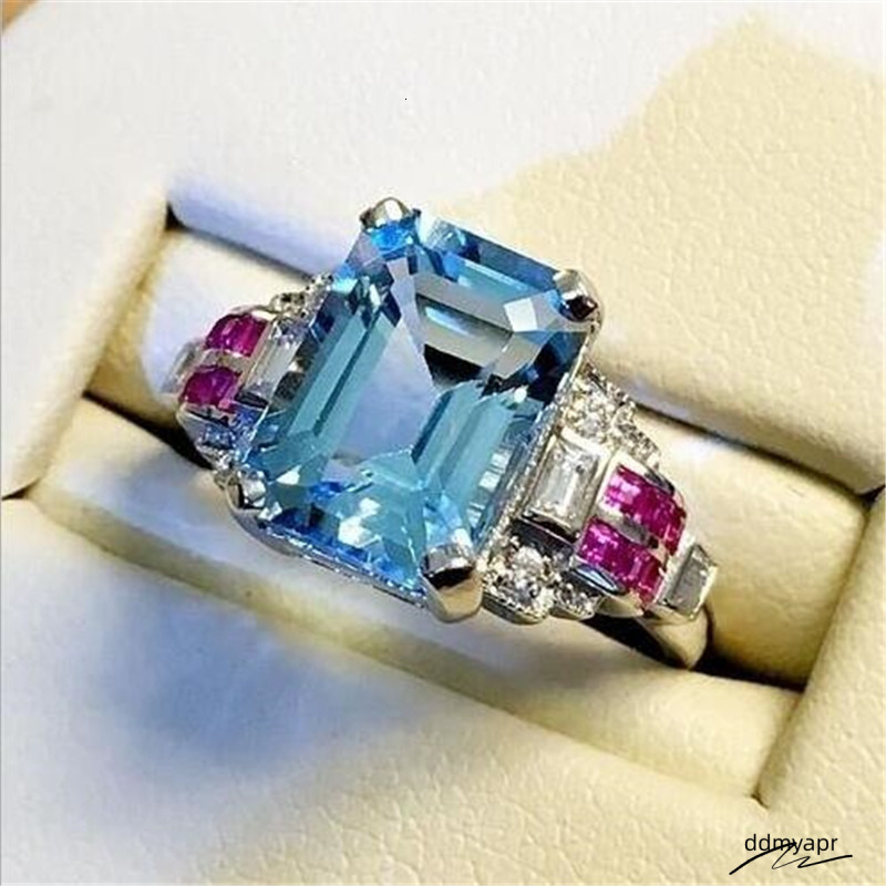 Size 6-10 Top Sell Jewelry Sterling Sier Aquamarine CZ Ddmydec Dia Gemstones Ruby Party Women Wedding Engagement Band Ring Gift