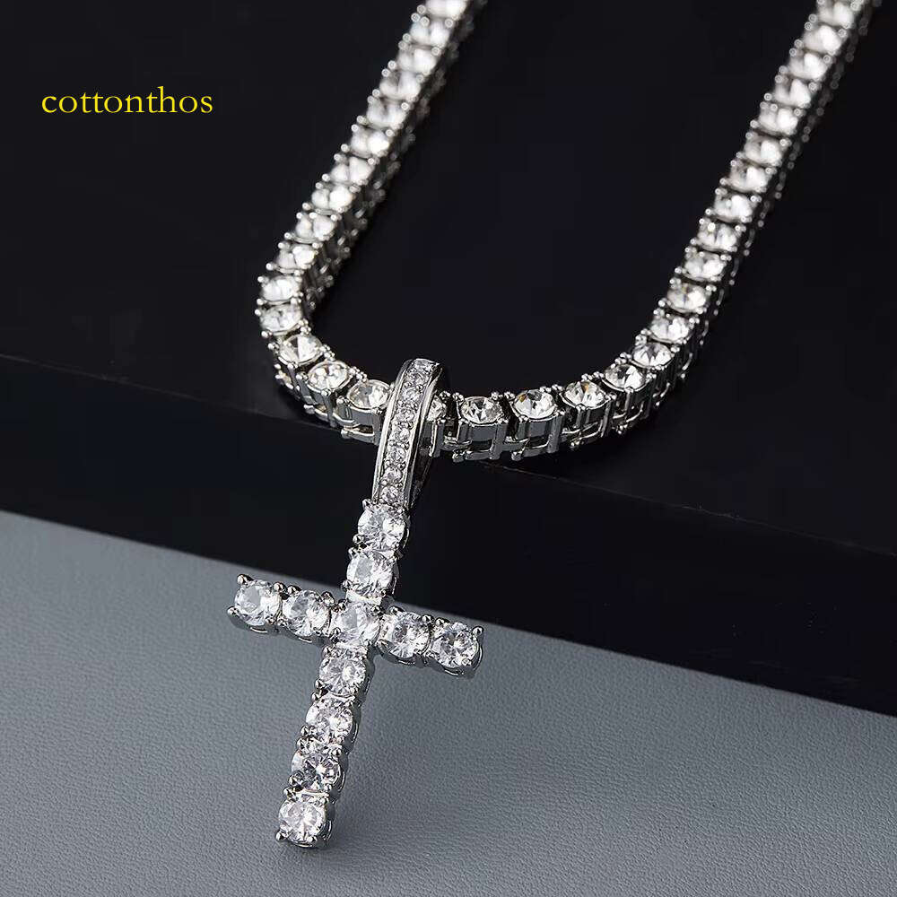 Hip-Hop Jewelry Iced Out VVS Silicon Stone Cross Pendant Tennis Chain Necklace Set