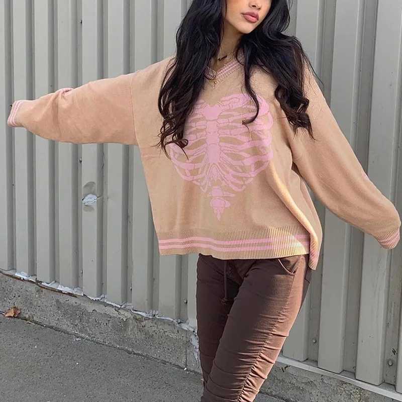 Womens Printed Halloween Series Horror Ghost Skeleton Pattern Sweater Street Casual Winter Round Neck Knitted Couple Sweatshirt Z250905