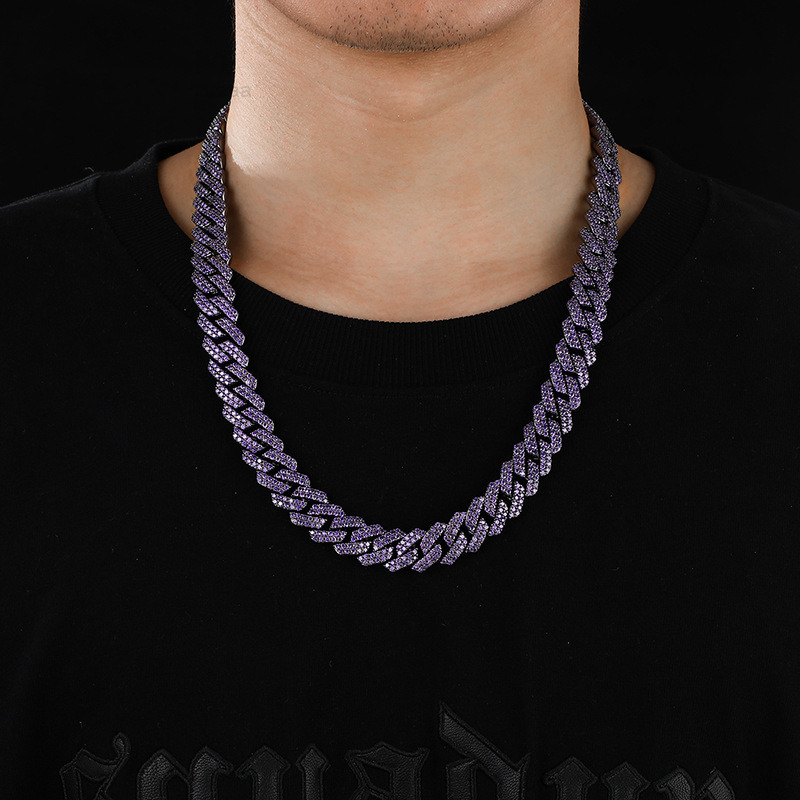 Hip Hop Jewelry 14mm Cuban Link Prong Diamond Chain Necklace and Bracelet Purple Stone