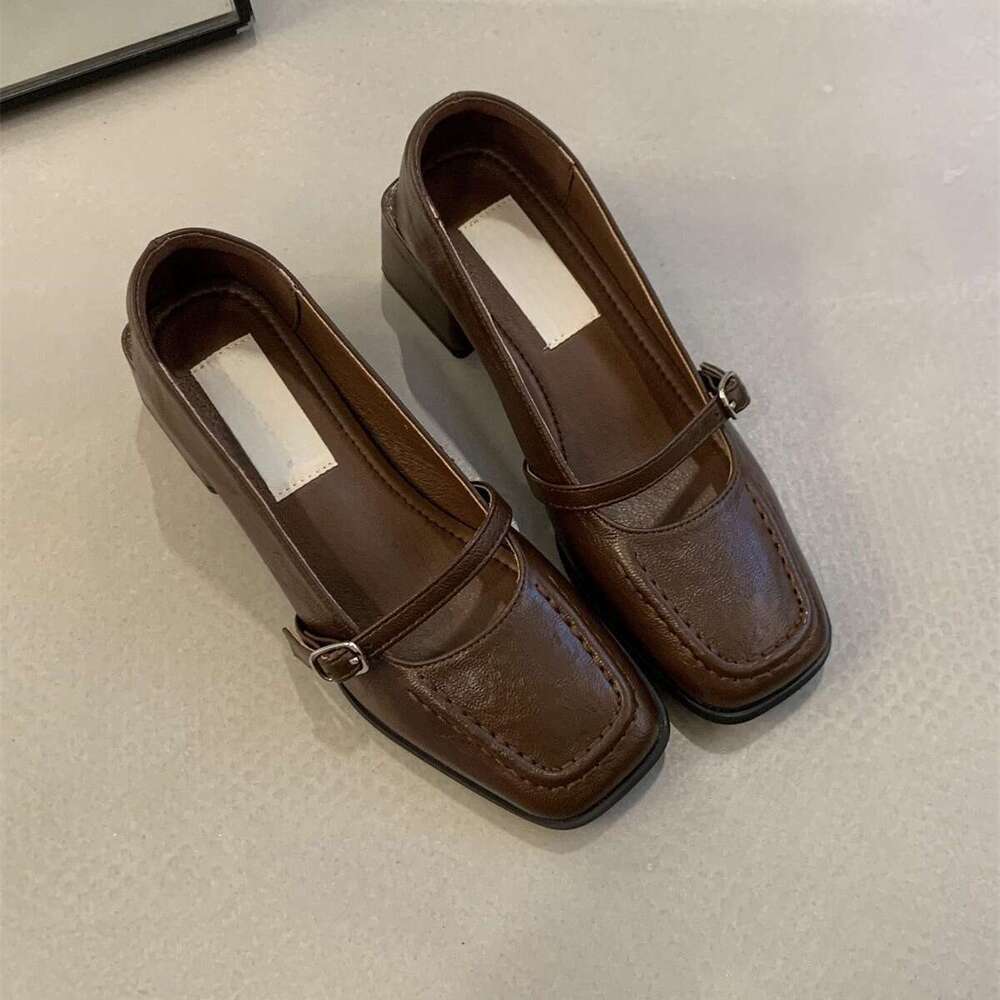 Squ Toe High Heels Shallow Mouth Single for Women Spring and Autumn New French Elegant Evening Style Chunky Heel Mary Jane Leather Shoes