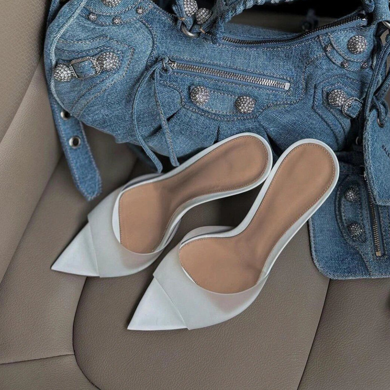 Sexy Women French Nude Shiny Patent Leather Pointed Peep Toe Shallow Slip On Slippers 5 8 10 CM Thin Heels Slide Party Sandals 240614