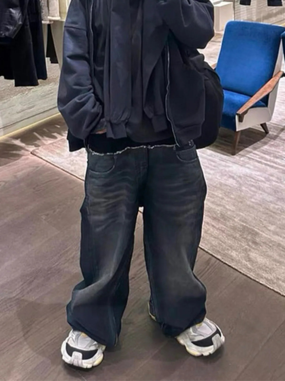 MIJKO Mens Cotton Casual Black Blue Loose Straight Jean CUTUP Pants 250823