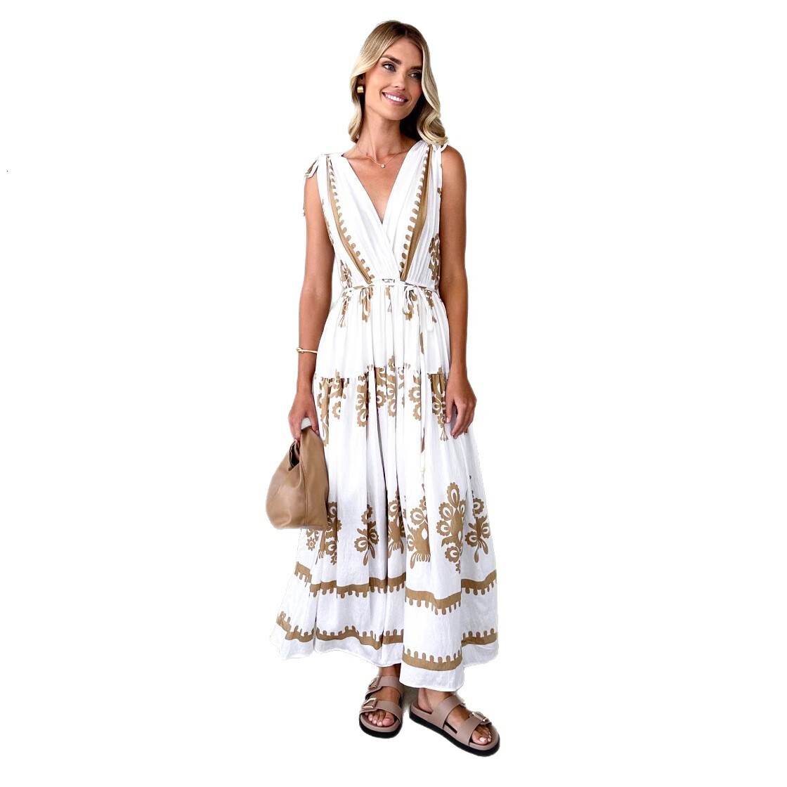 2025 Summer New Style Positioning Printed Vneck Waistcinching Flared Long Dress for Women