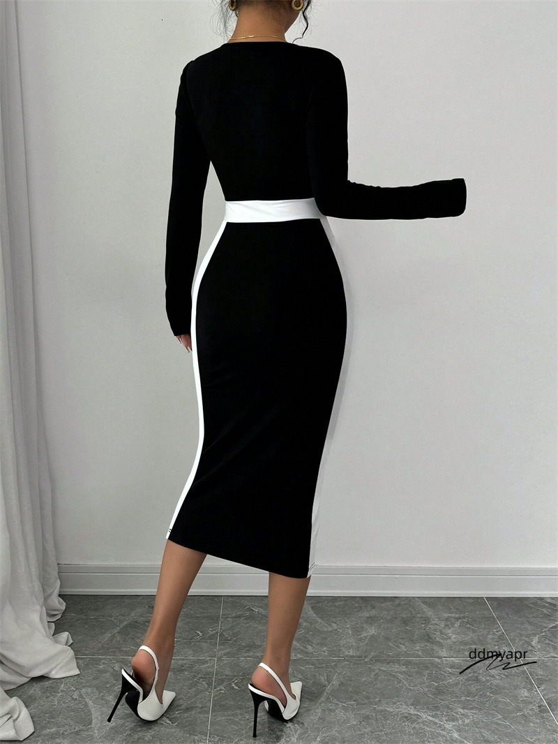 Free Shipping Designer Fashion Classic Versatile Light Womens Ddmydec Clothing Splicing Color Collision Medium Skirt Long Sleeved Dress